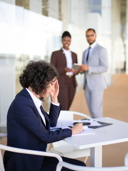 Frustrated tired female employee working with documents