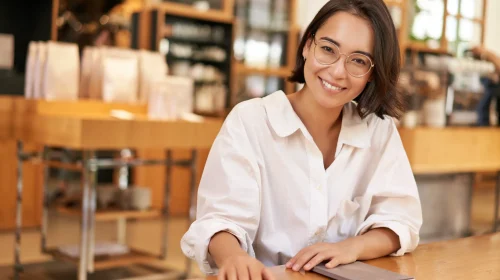 Portrait brunette woman glasses smiling with confident look sitting cafe with notebook work